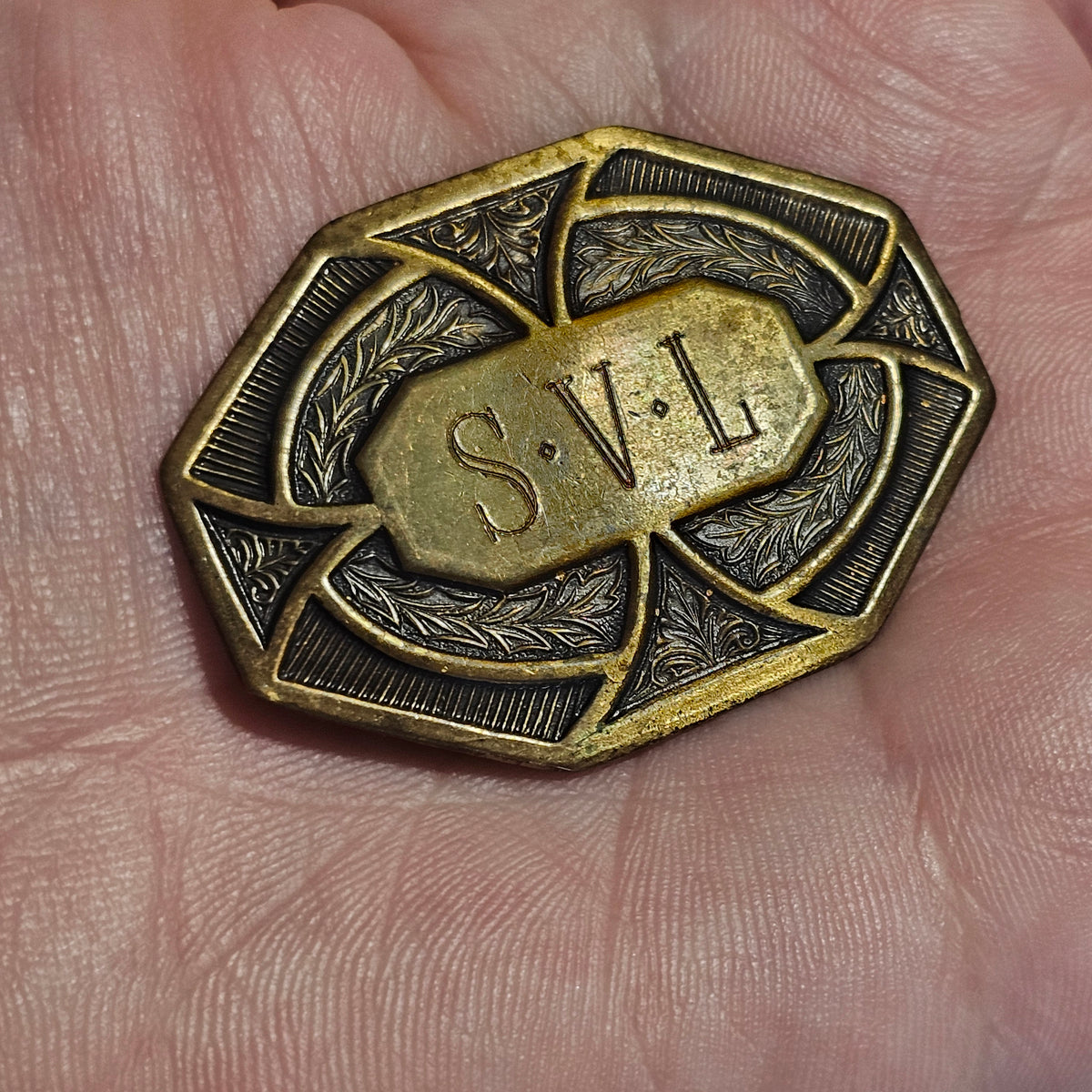 Monogrammed Brass Buckle Brooch Vintage SVL Super Unique