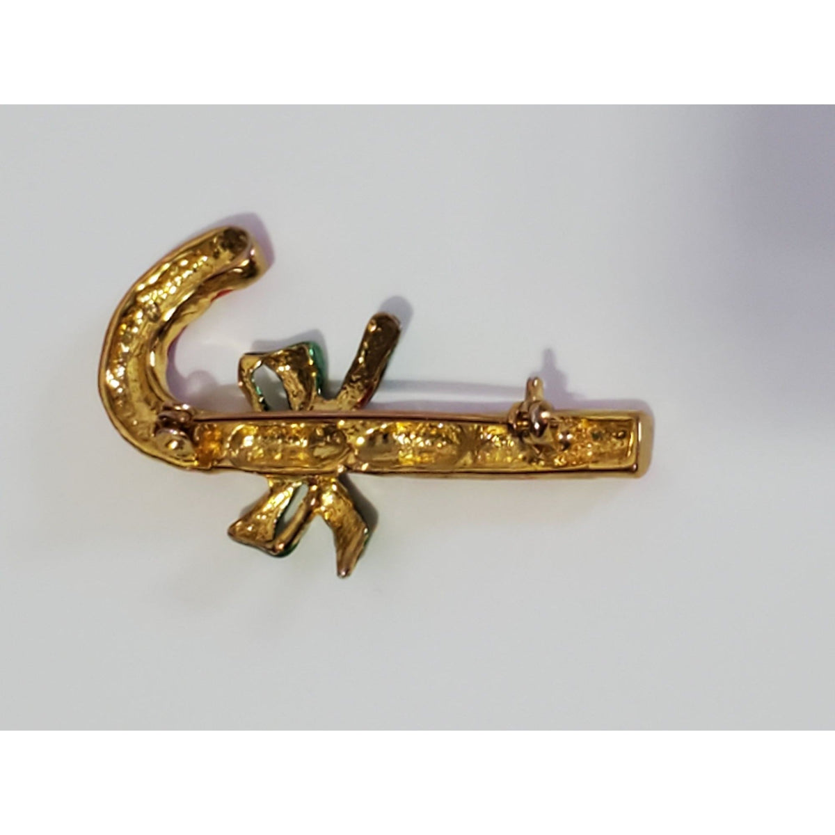 Vintage Red Gold Striped Candy Cane Green Bow Brooch Christmas