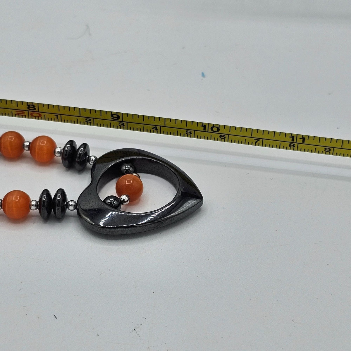 Vintage Hematite Beaded Necklace with Heart Pendant Orange Moonglow Beads
