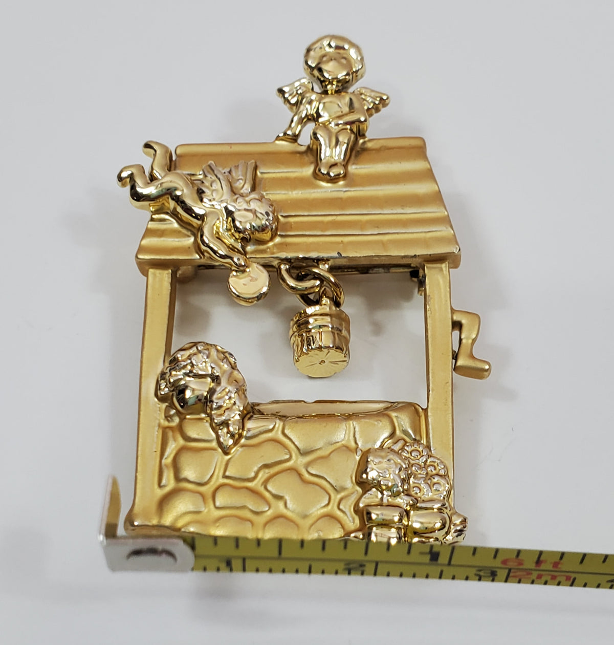Gold-tone Angel Wishing Well Brooch Cherubs Vintage Signed