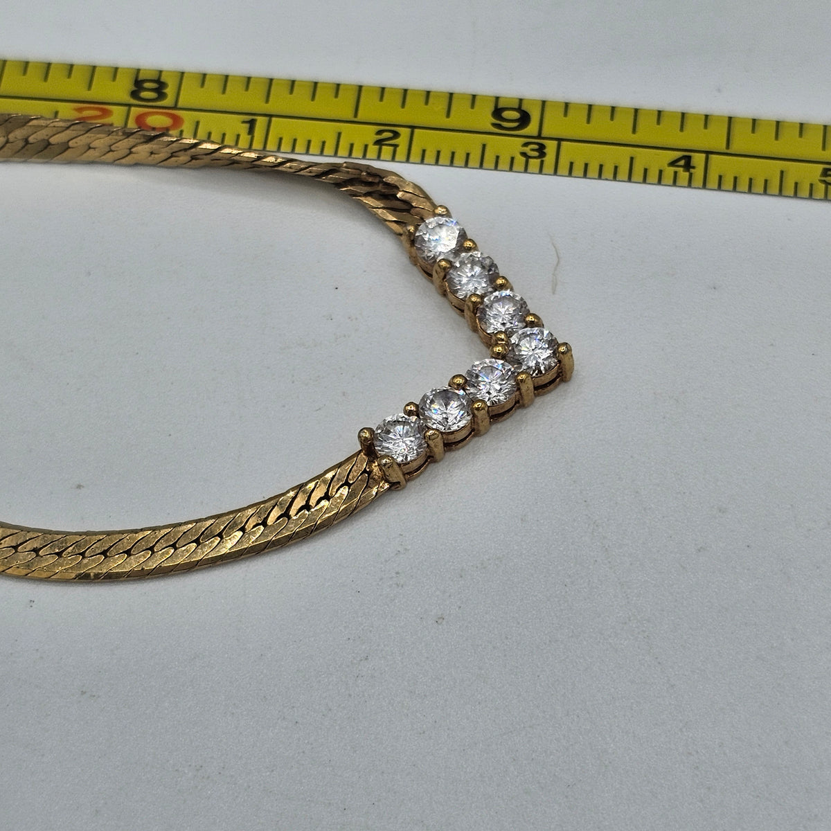 Classic Gold-tone Herringbone Chain Rhinestone V Drop Vintage Necklace
