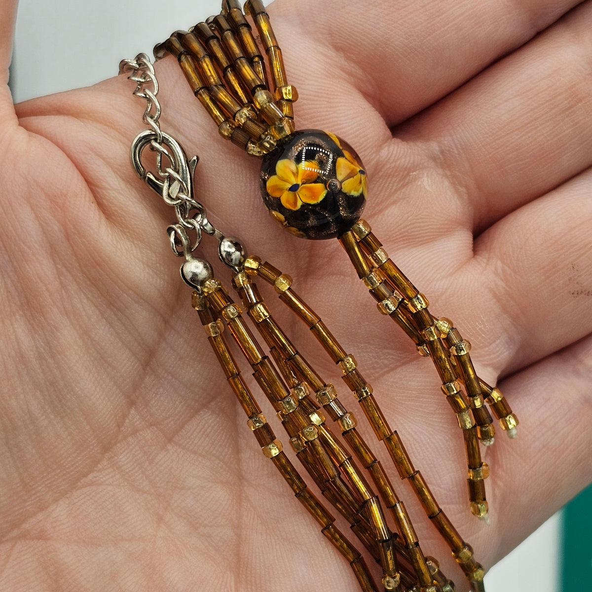 Amber Glass Art Beaded Tassle Stranded Necklace Vintage Floral Nuetral