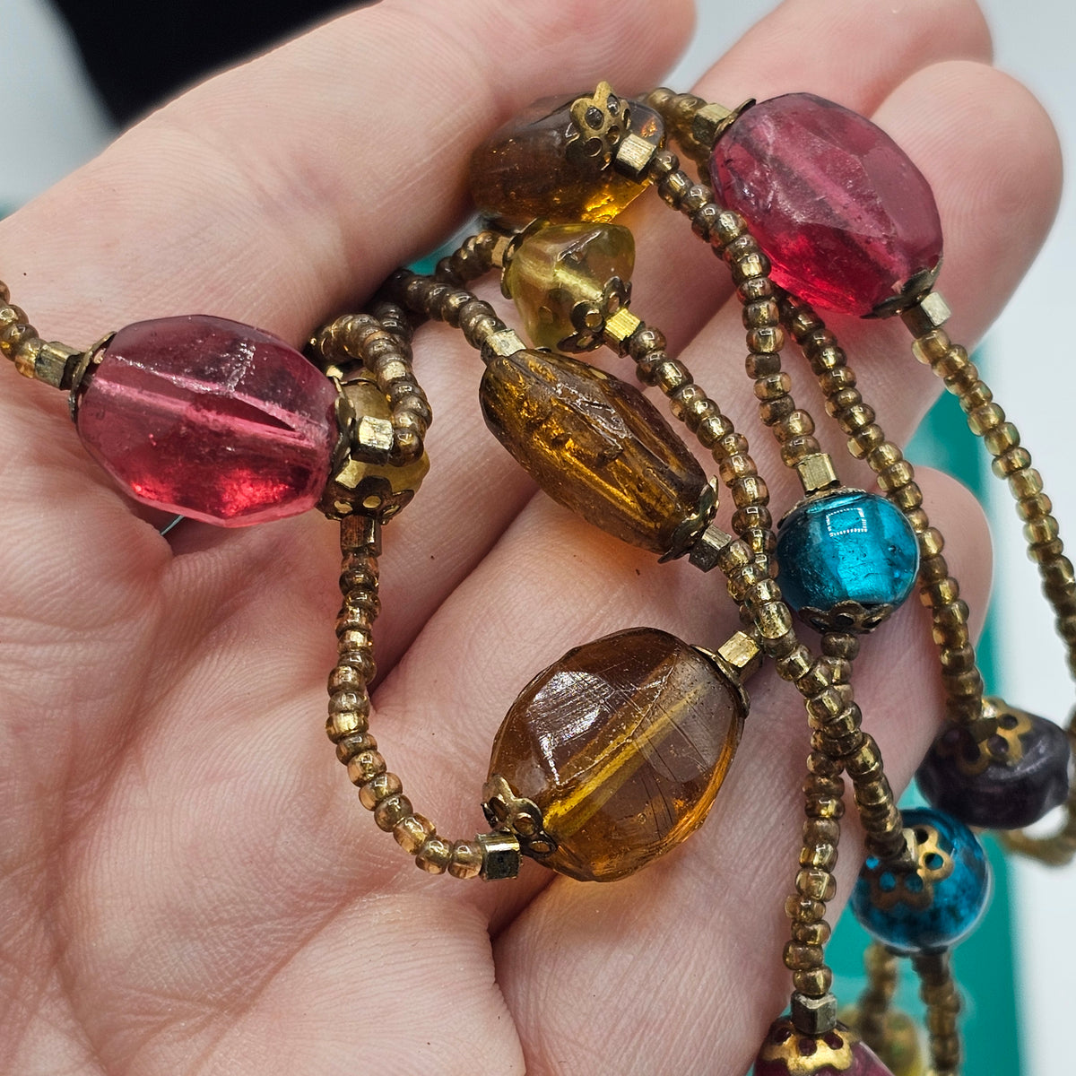 All Glass Multicolor Beaded Station Necklace Multi-strand Layered with Bracelet to Match
