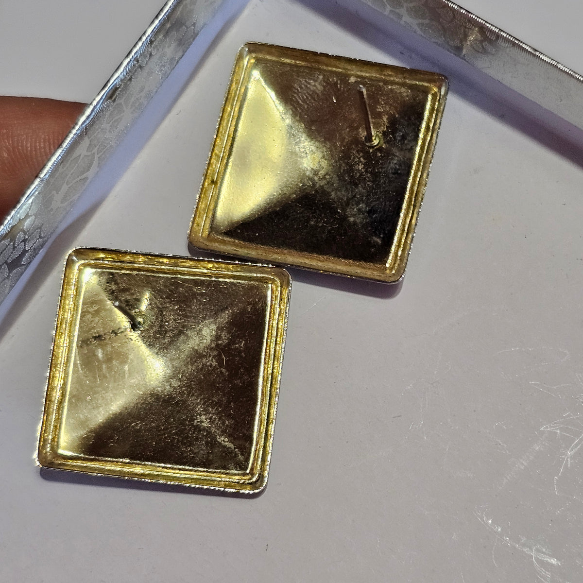 Gold-tone Blue Swirl Enamel Pierced Square 80s Earrings Vintage