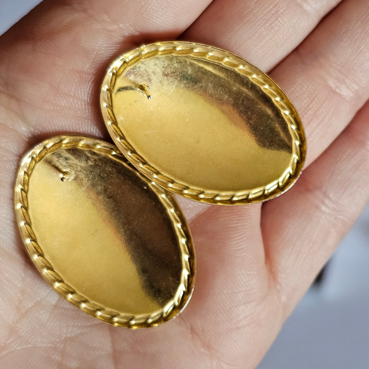 Orange Gold Cream Swirl Enamel Vintage Big Oval Metal Earrings