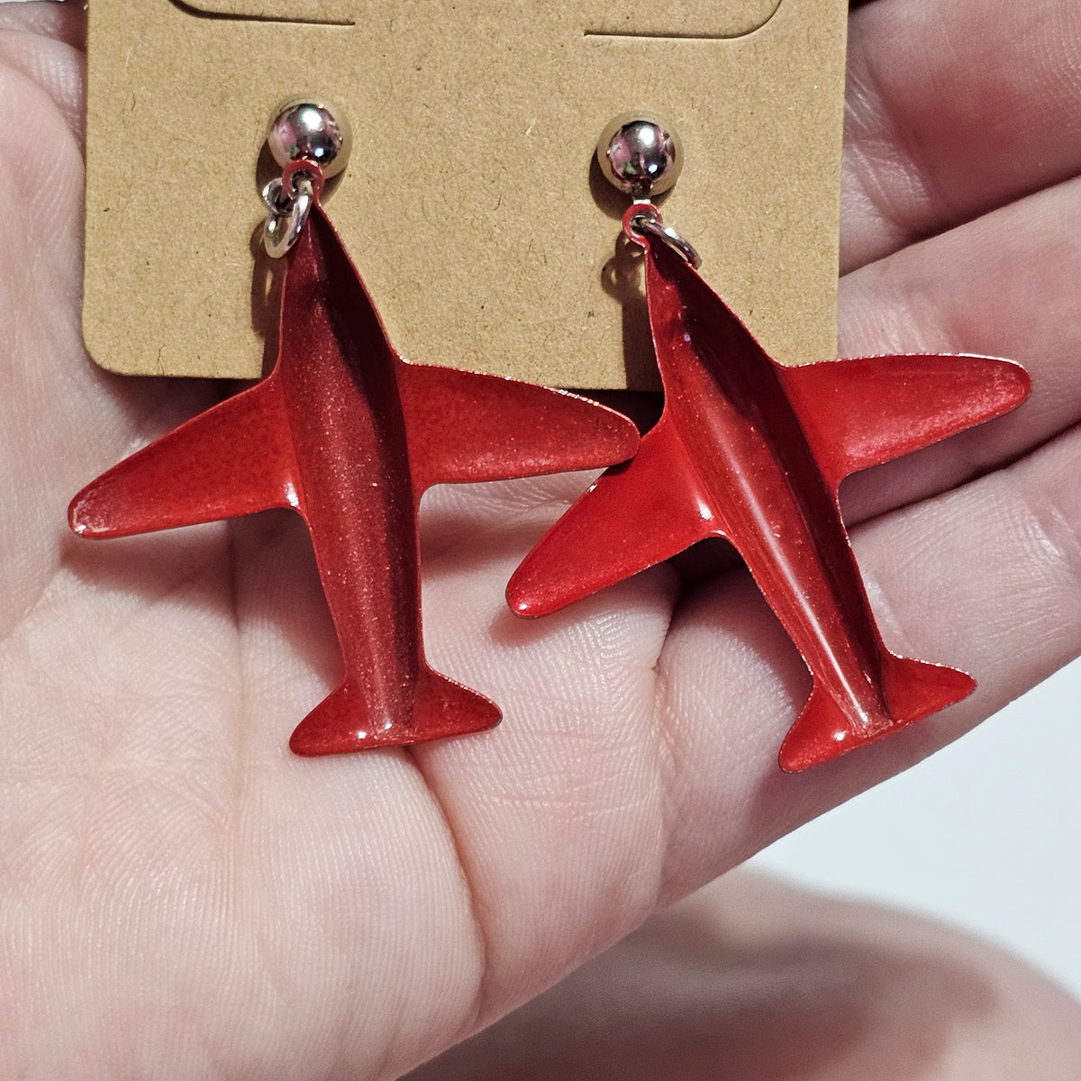 Red Enamel Airplane Earrings Unique Eccentric Vintage Pierced