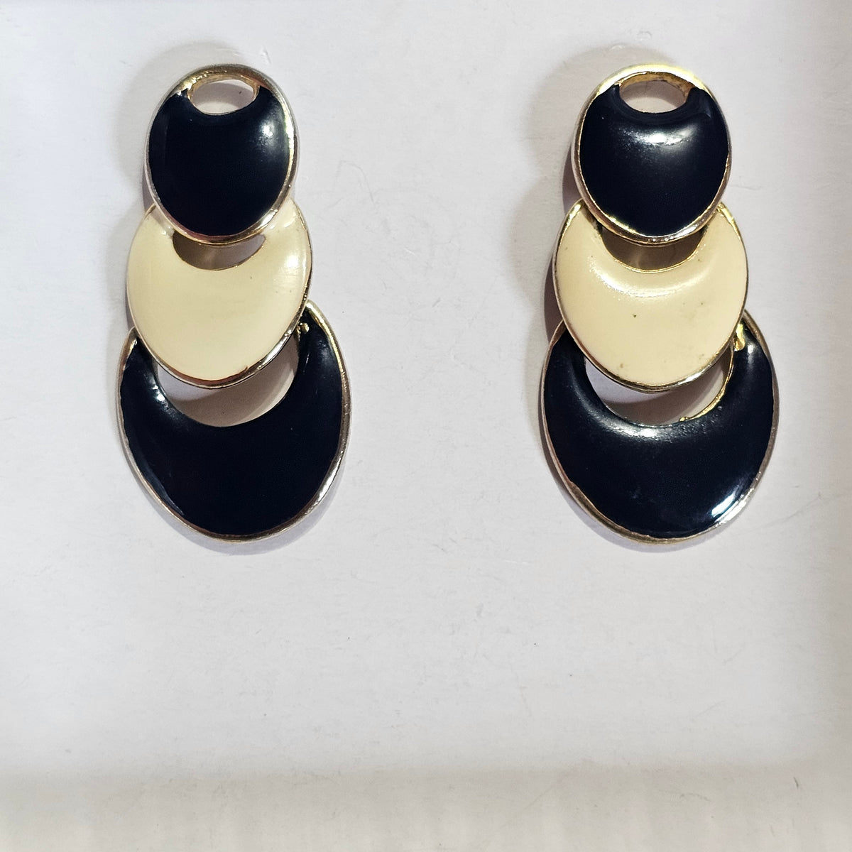 Navy Blue Cream White Enamel Drop Pierced 80s/90s Earrings Vintage