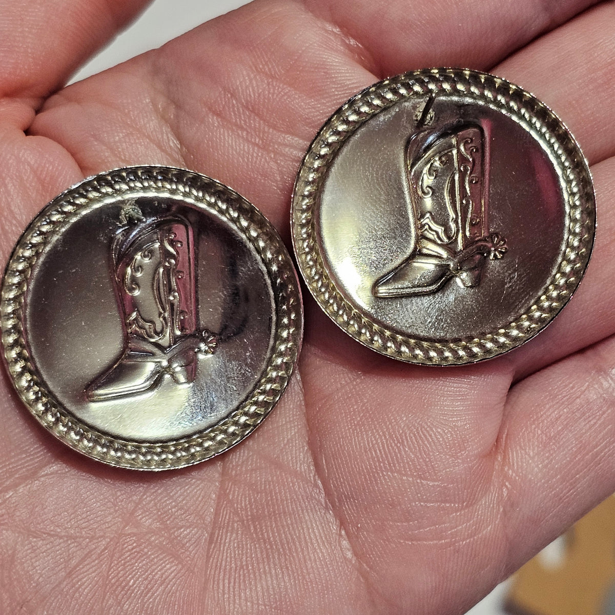 Silver-tone Western Cowboy Blue Enamel Round Button Pierced Earrings Vintage