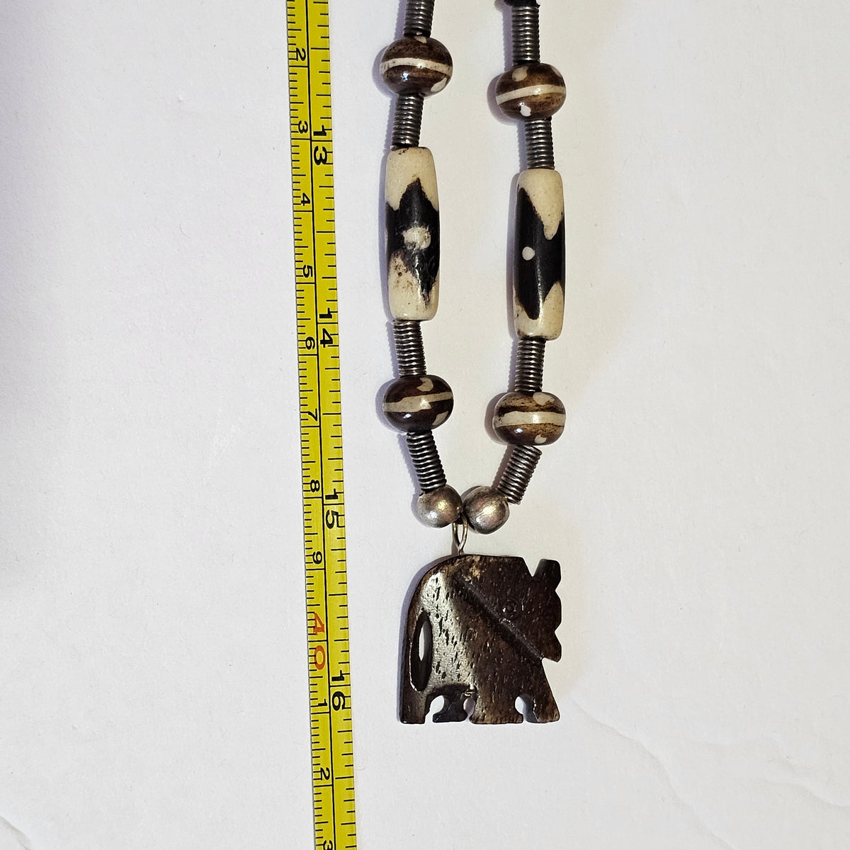 Carved Wood Bone Brown Beaded Elephant Bohemian Ethnic 90s Necklace Artisan