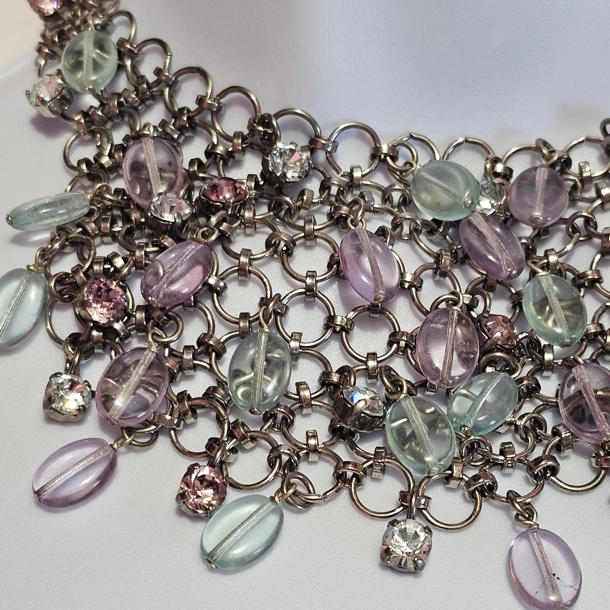 Gorgeous Web Bib Statement Pastel Crystal Rhinestone 90s Necklace Vintage