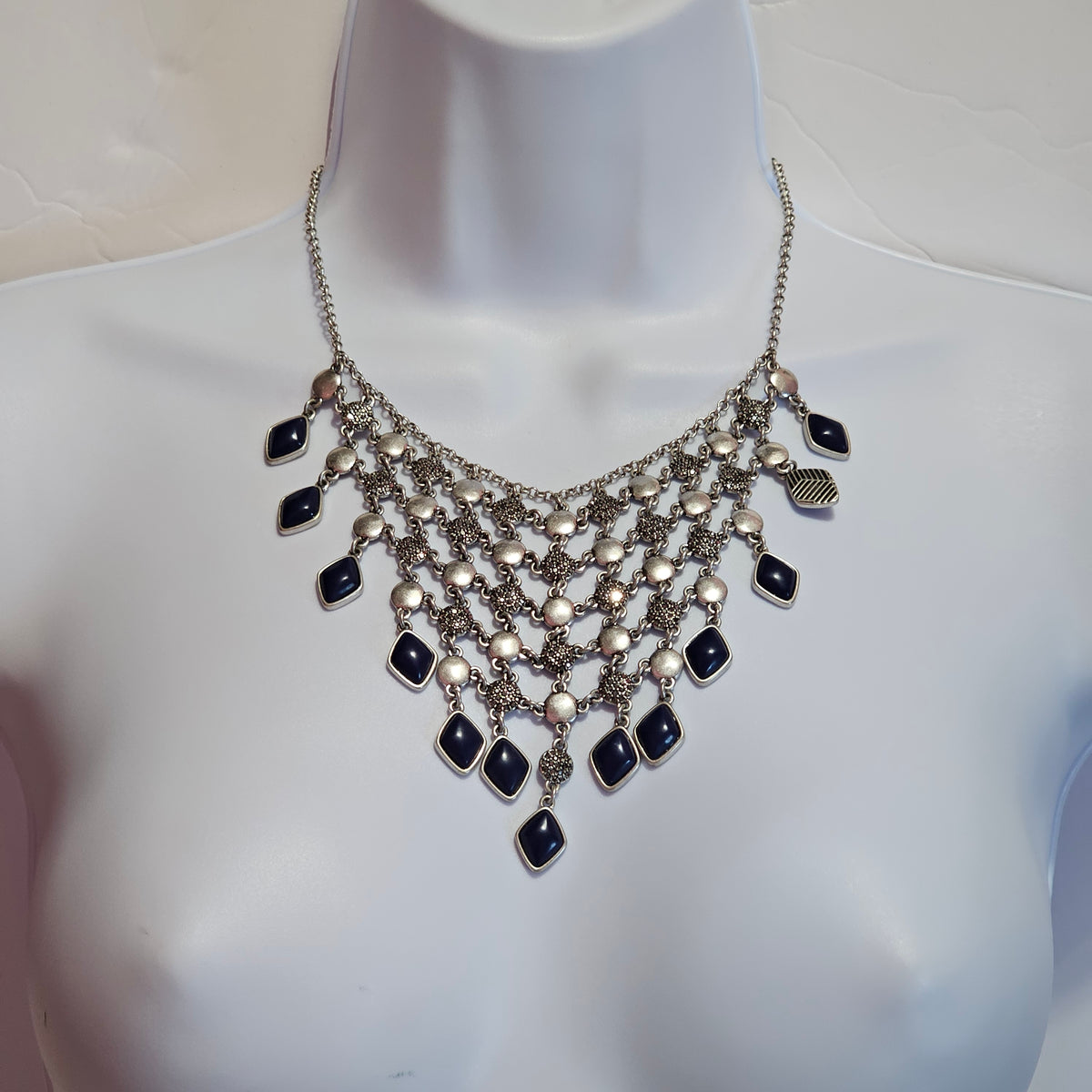 Silver-tone Blue Geometric Dangle Webbed 90s Statement Bib Necklace Vintage Lucky Brand