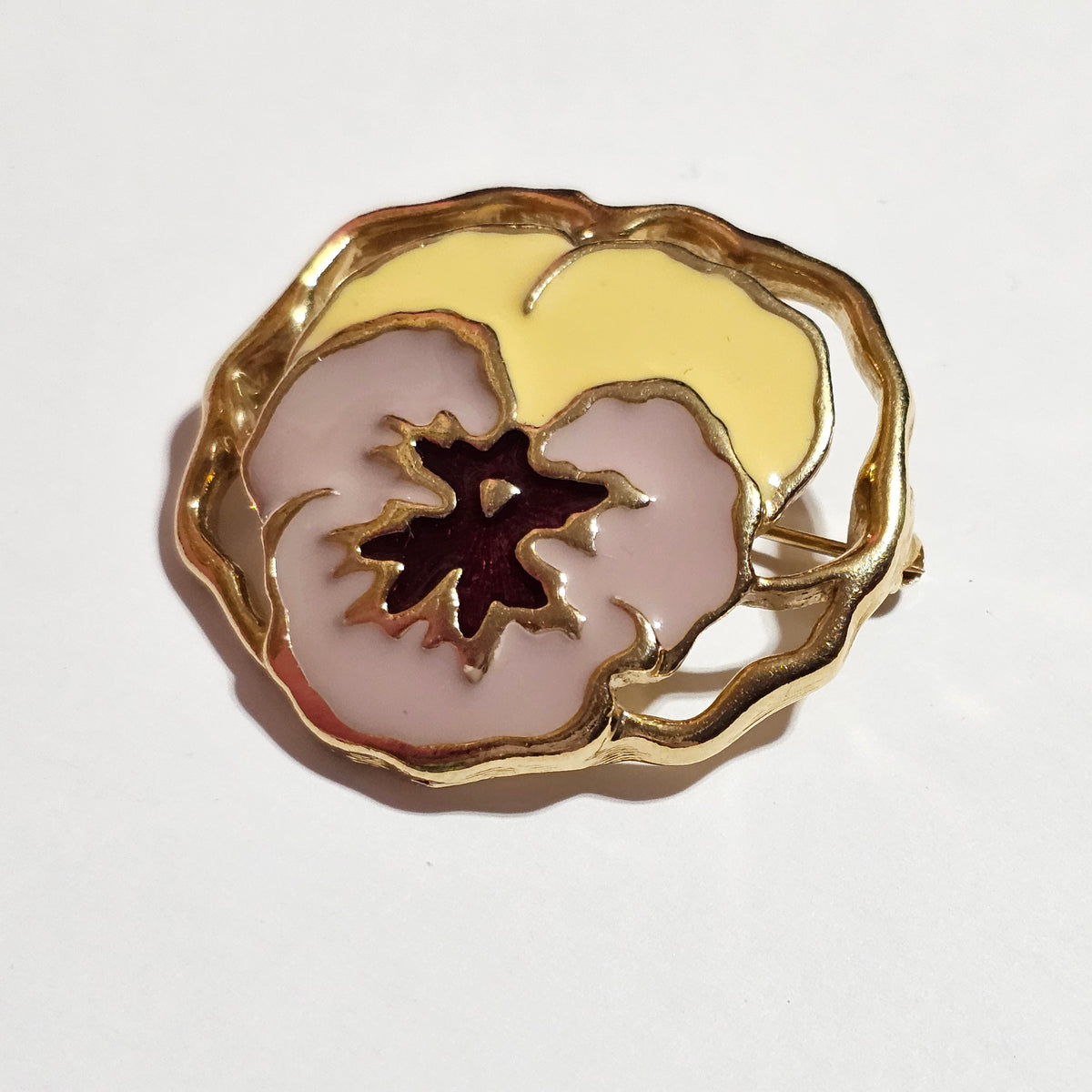 Gold-tone Enamel Orchid Flower Pink Yellow Brooch Vintage