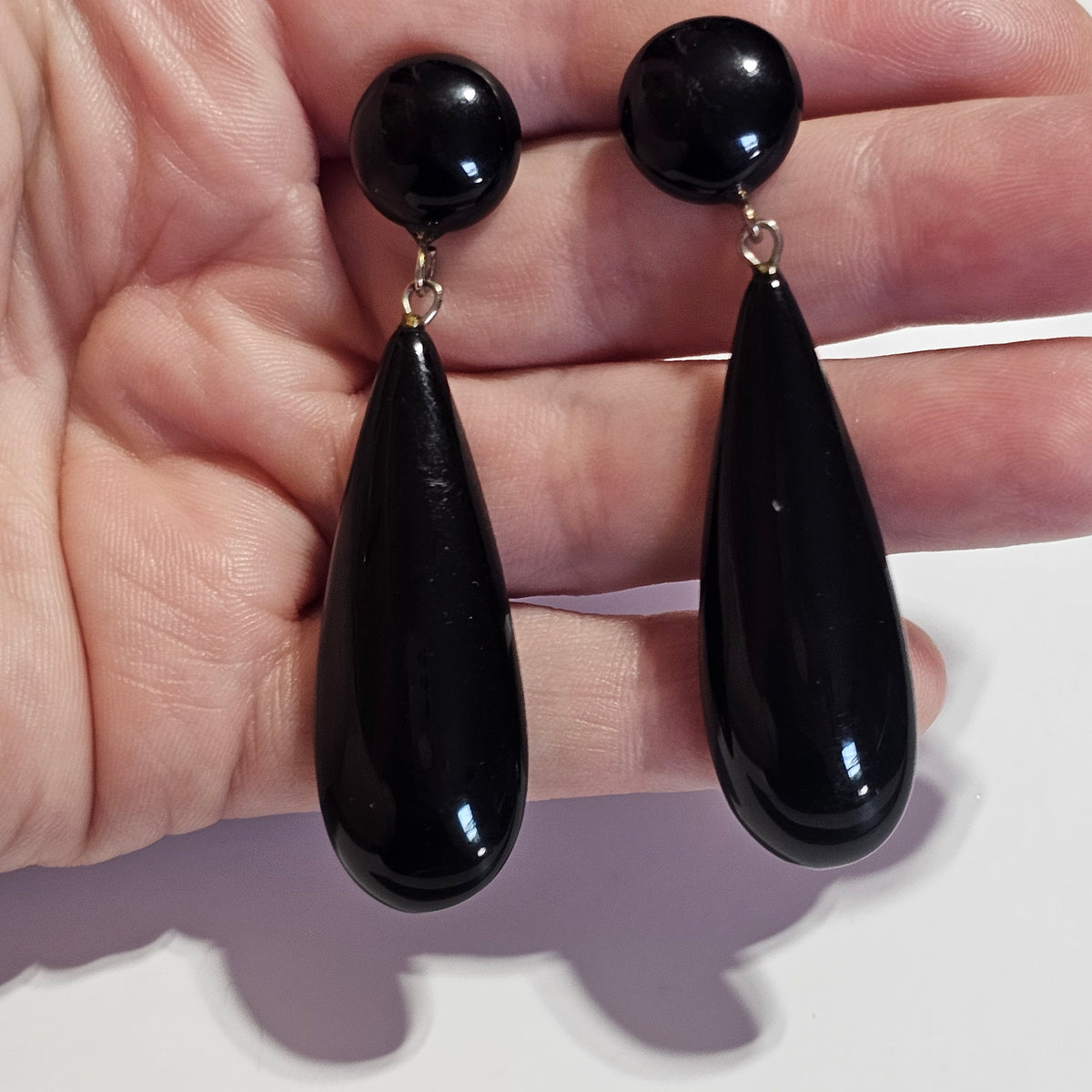 Black Oval Dangle Pierced Earrings 80s Vintage