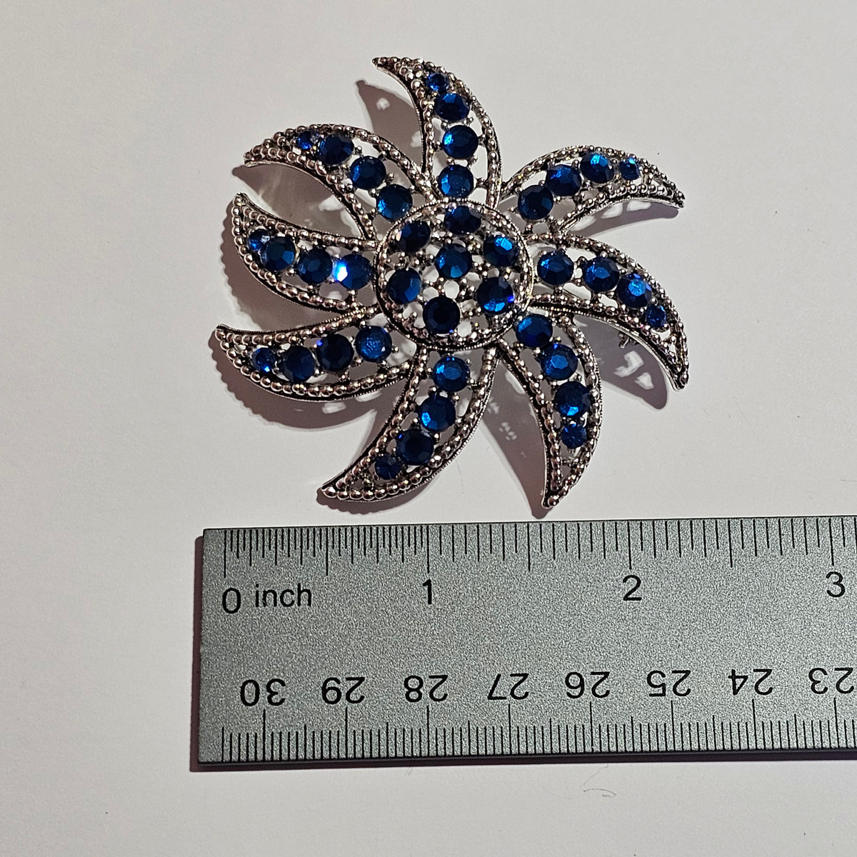 Huge Silver-tone Blue Rhinestone Flower Brooch Pin Vintage