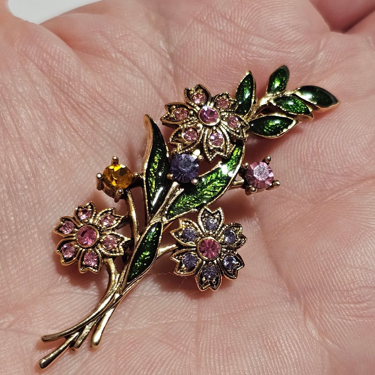 Beautiful Floral Bouquet Enamel Rhinestone Brooch Pin Vintage