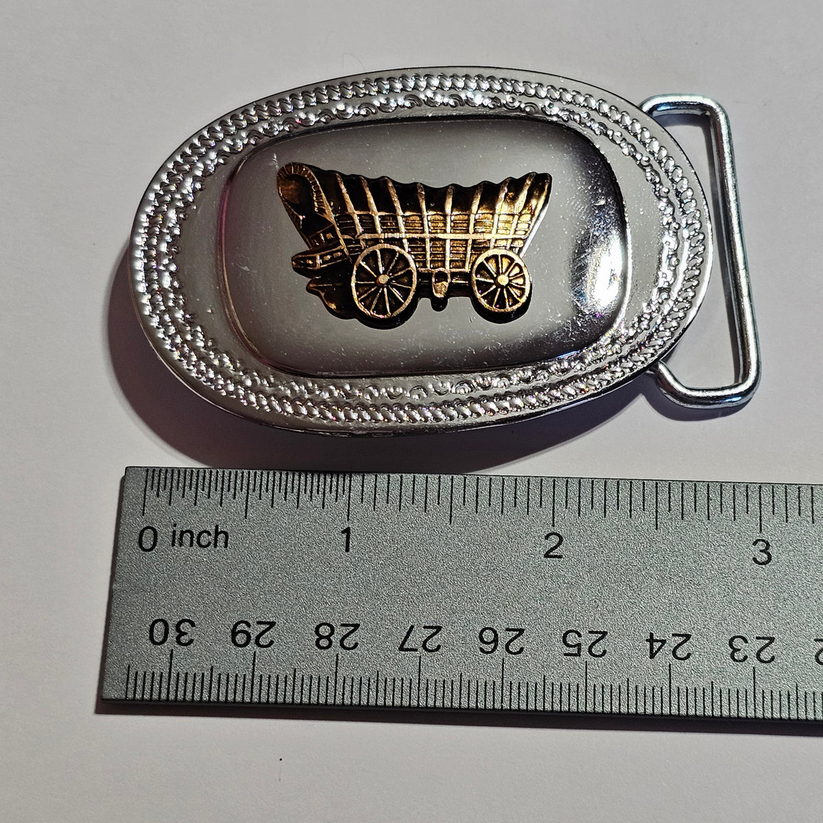 Silver-tone Gold-tone Covered Wagon Belt Buckle Signed Made in Hong Kong Vintage