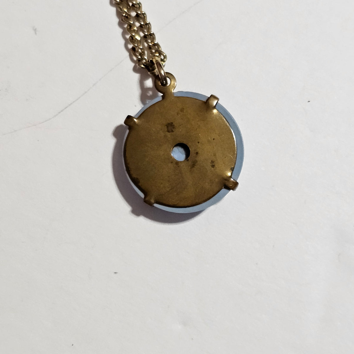 Blue White Wedgewood Style Cameo Set in Brass Pendant Necklace Japan
