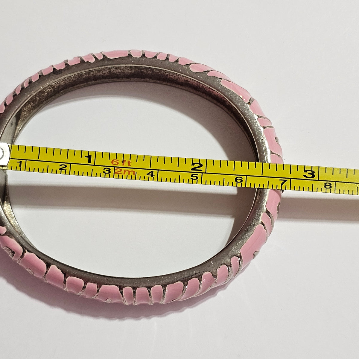 Silver-tone Pink Enamel Zebra Striped Hinged Bracelet