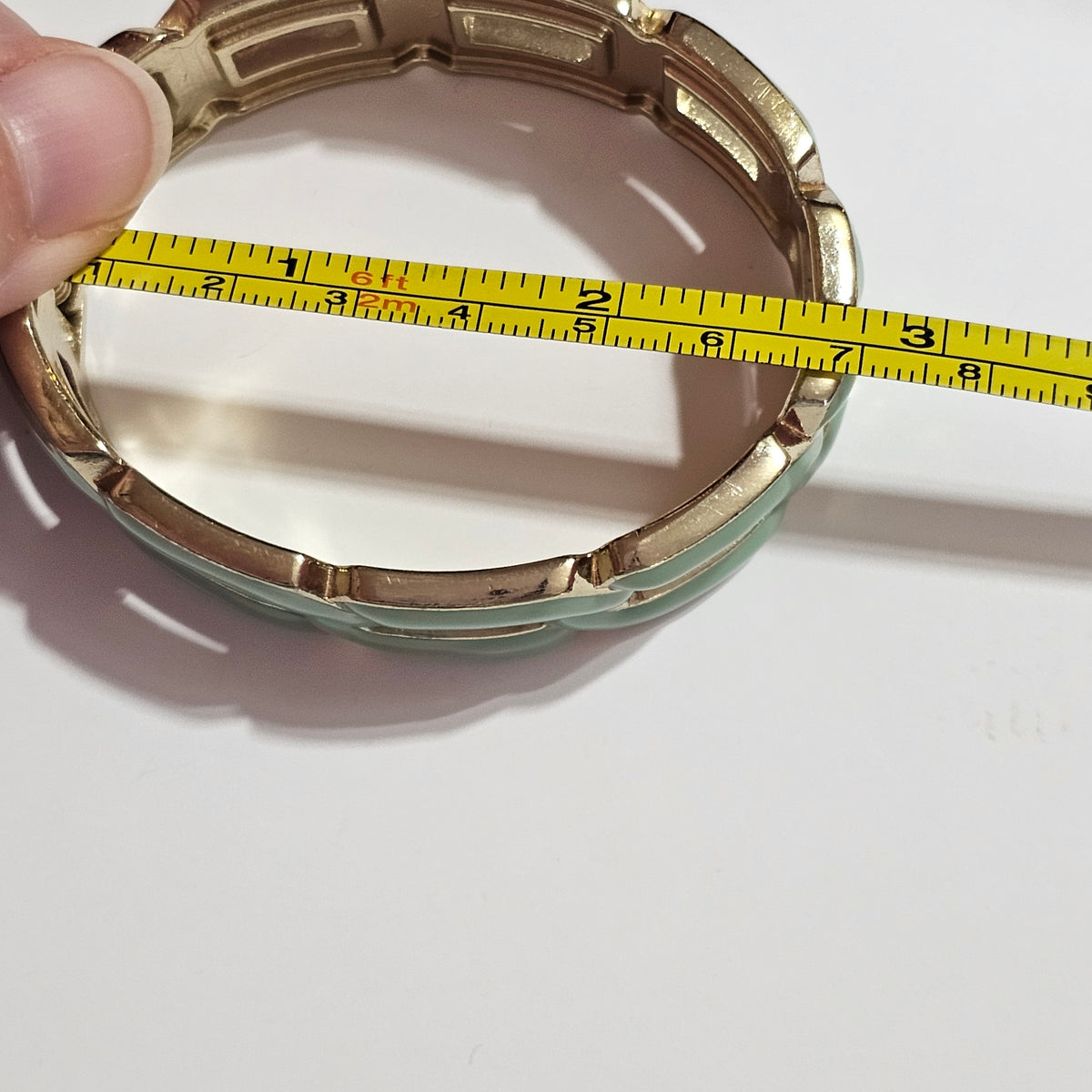 Gold-tone Mint Green Enamel Geometric Hinged Clamper Bracelet