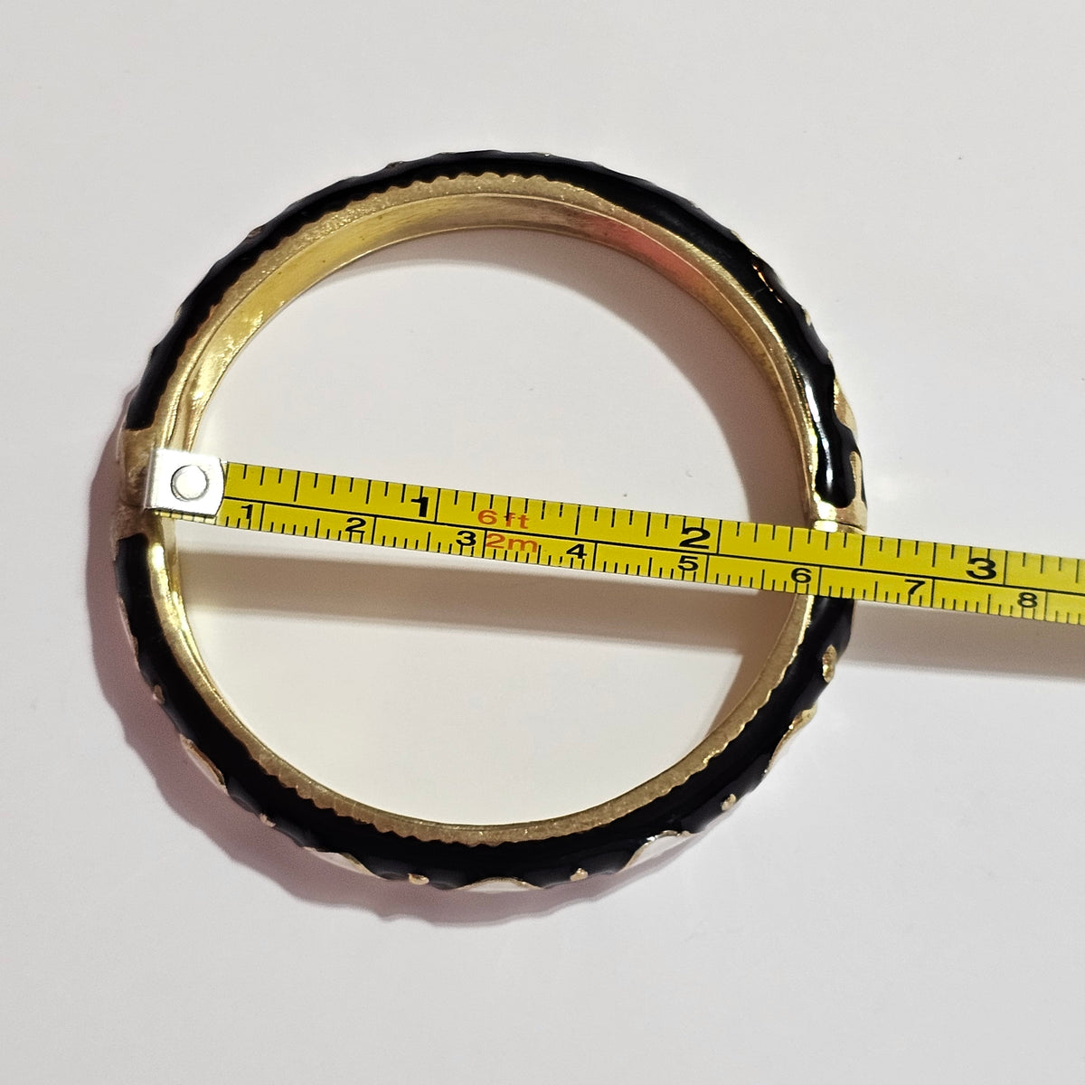 Swirl Black White Enamel Hinged Bangle Bracelet