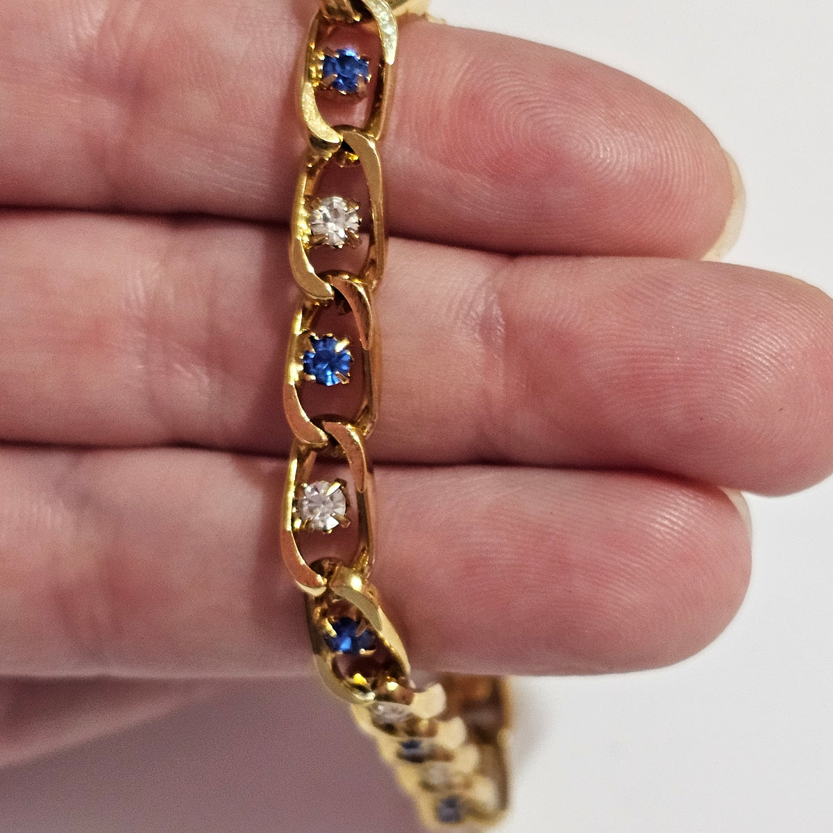 Gold-tone Clear Blue Rhinestone Link Bracelet