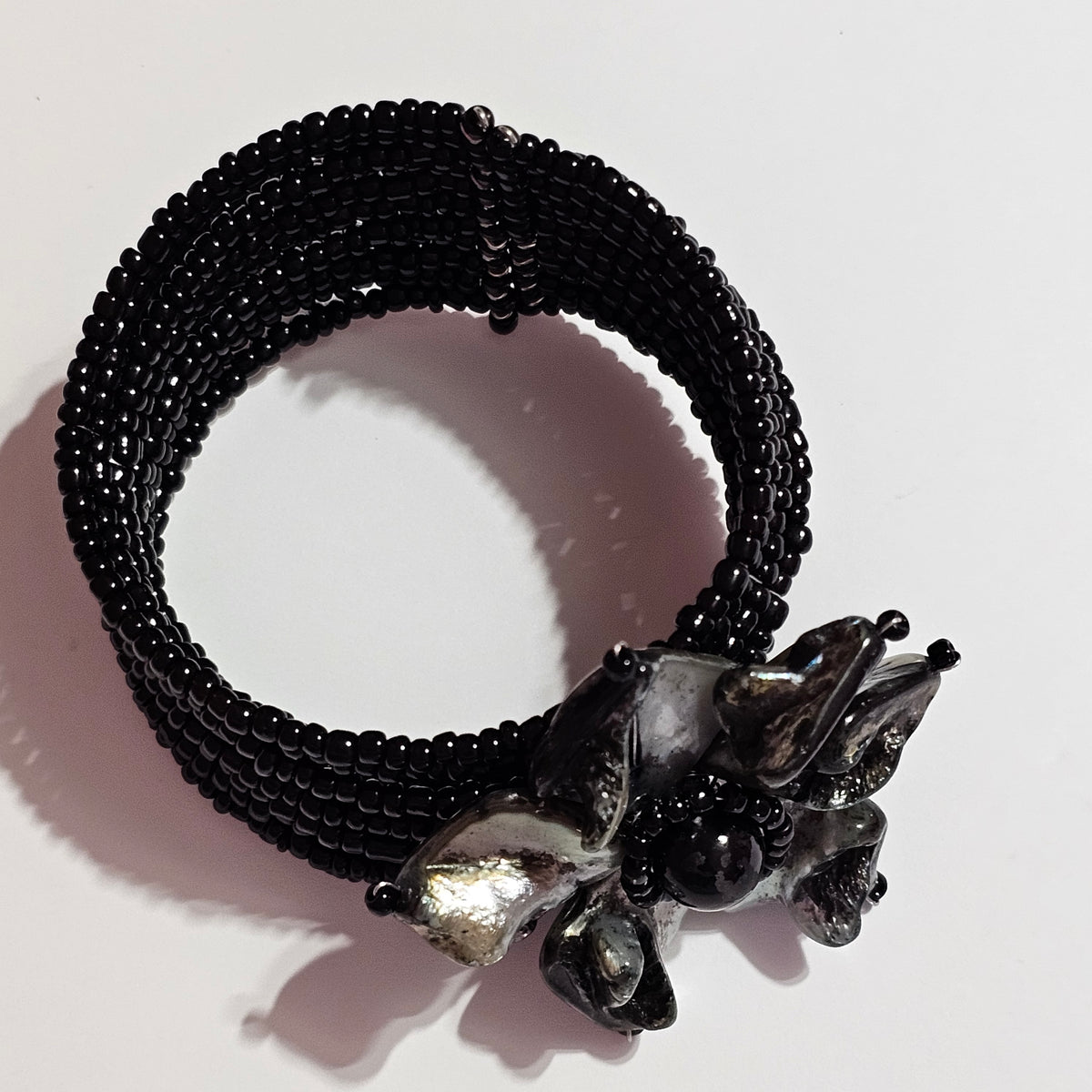 Black Beaded Wire Cuff MOP Flower Motif Cuff Bracelet Vintage
