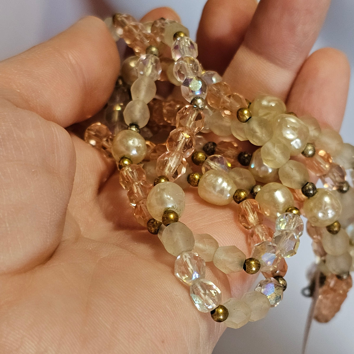 Translucent Pink Clear Crystal Beads Faux Baroque Pearls Stranded Pretty Necklace Vintage
