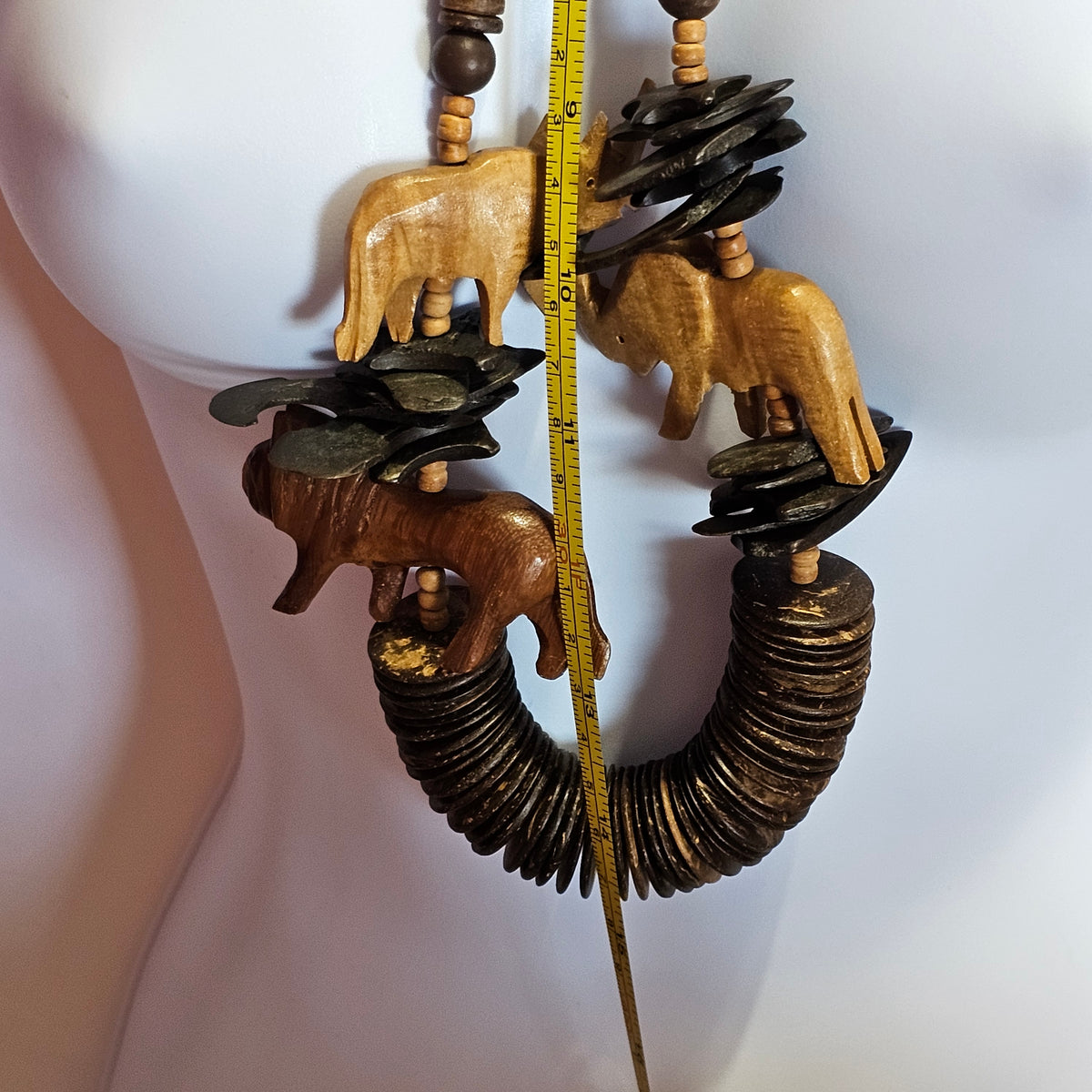 Huge Wooden African Ethnic Hand Carved Animal Braded Necklace Statement Vintage