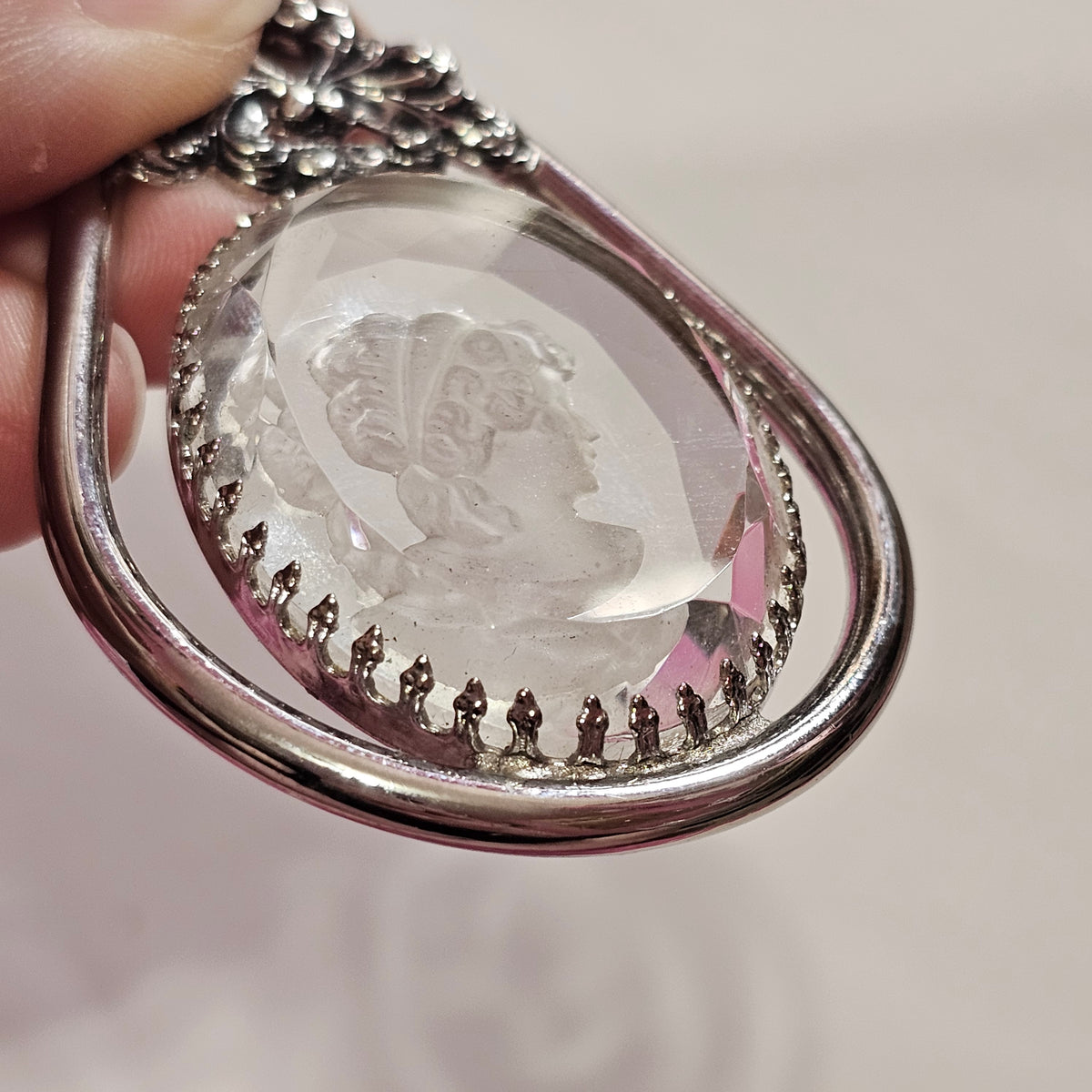 Huge Reverse Intaglio Glass Cameo Silver-tone Pendant Only Prong Set Faceted Edges
