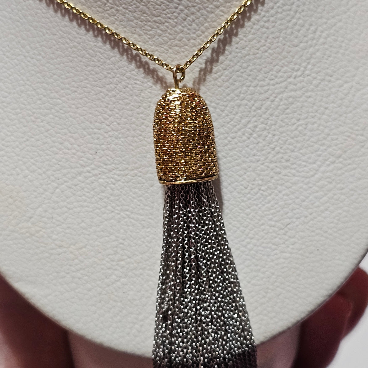 Ann Taylor Two Tone Silver Gold Mesh Chain Tassel Pendant Necklace