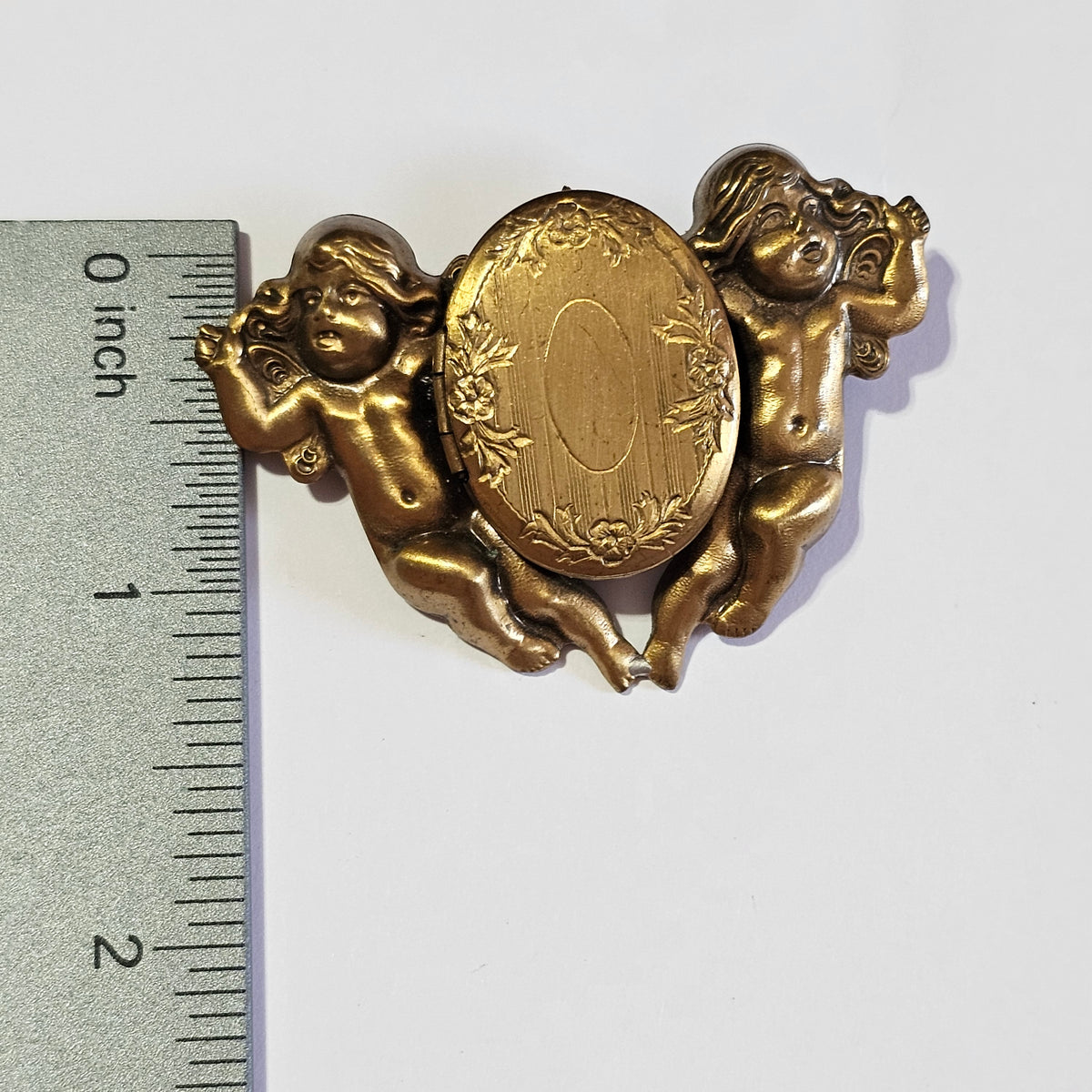 Vintage Art Nouveau Cupid Angelic Brass Picture Locket Brooch