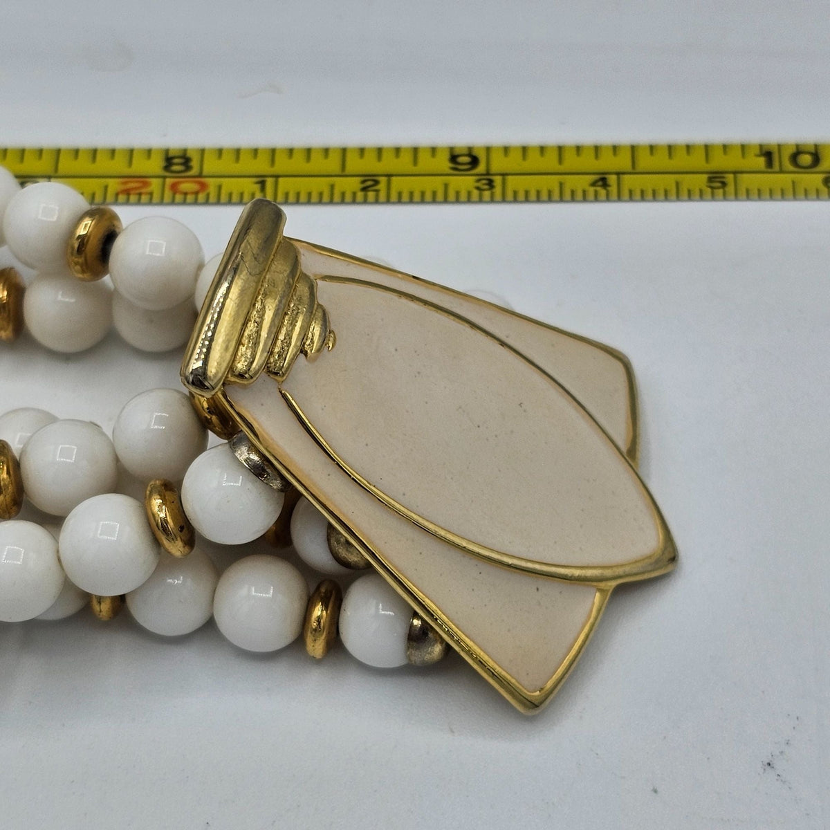 Vintage Multi-Strand White Gold Beaded Necklace Enamel Beige Statement Pendant