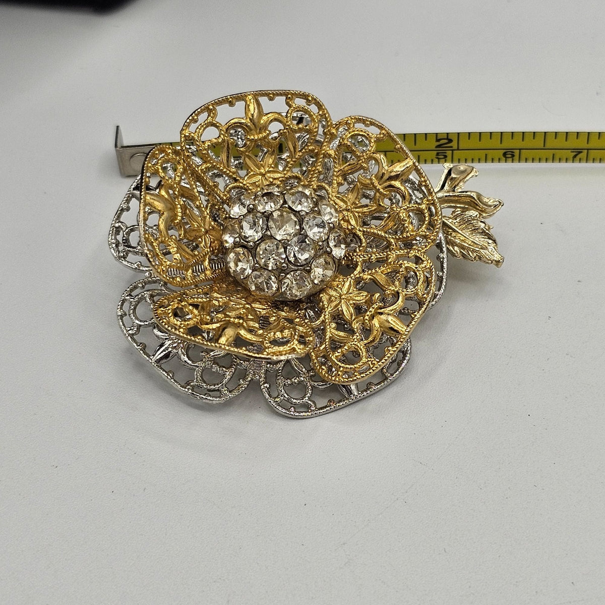Huge Layered 3D Two Tone Filigree Flower Brooch Vintage Rhinestone Elegant