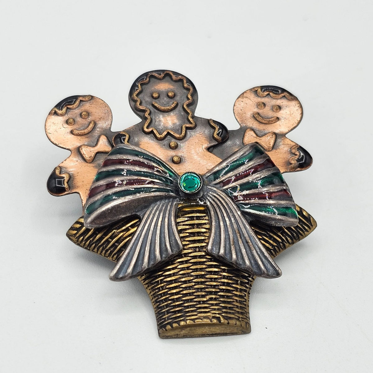 Gingerbread Men Basket Brooch Enamel Green Ribbon Rhinestone Accent Holiday