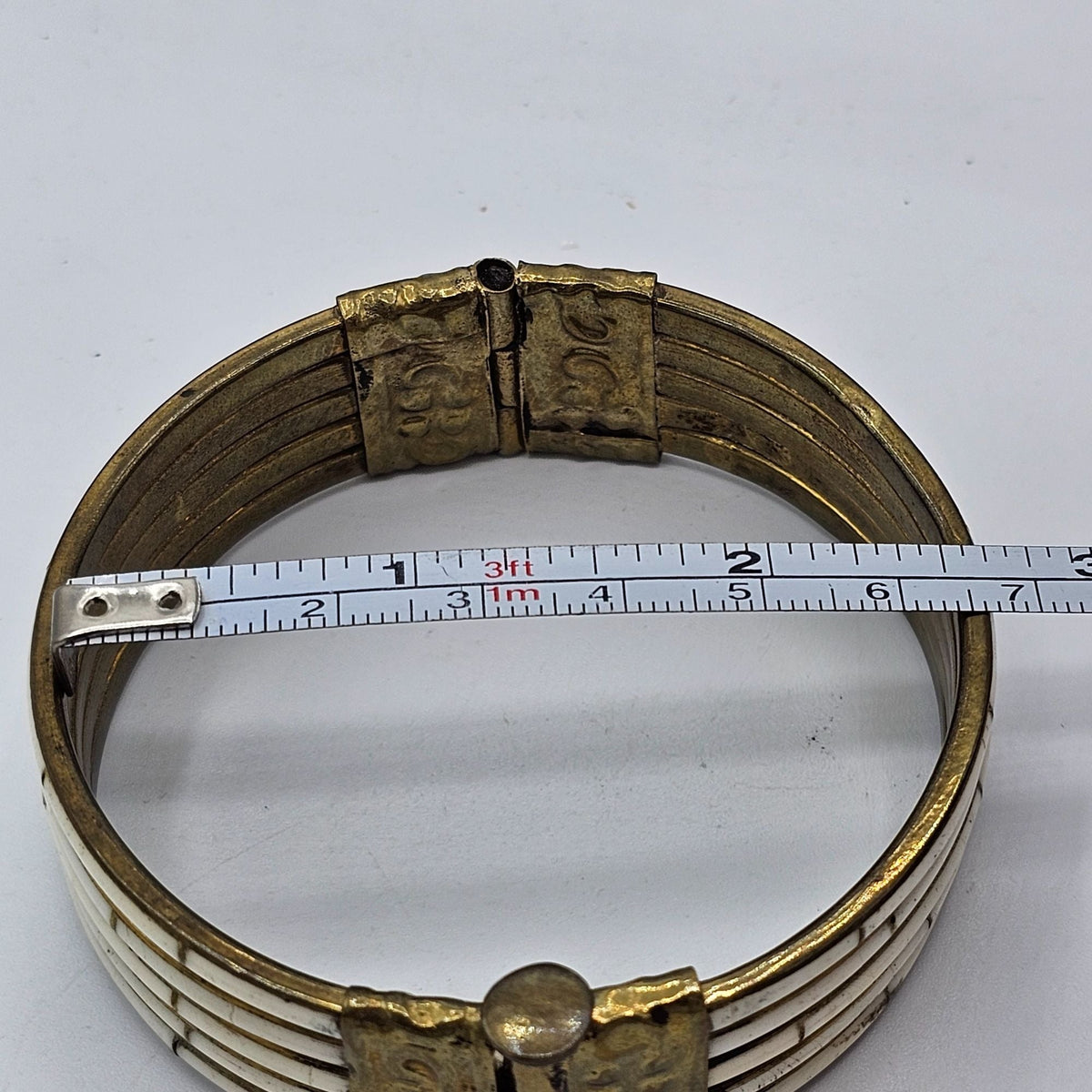 Antique Victorian Era Mother of Pearl Inlay Brass Bangle Pin Clasp