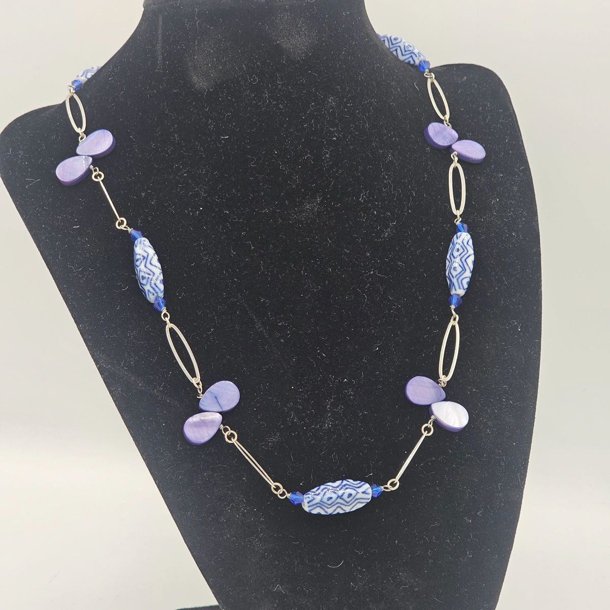 Vintage Station Style Blue Purple Beaded Necklace Sterling Silver Accents