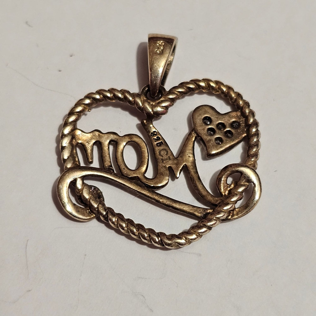 (712) Sterling Silver 14K Gold Heart Mom Pendant Accents Signed 2.25g