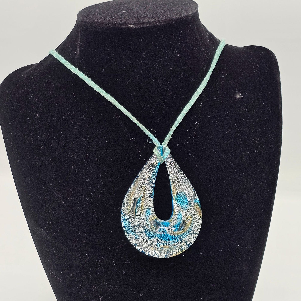 Vintage Blue Splatter Teardrop Italian Glass Pendant Necklace Turquoise Rope
