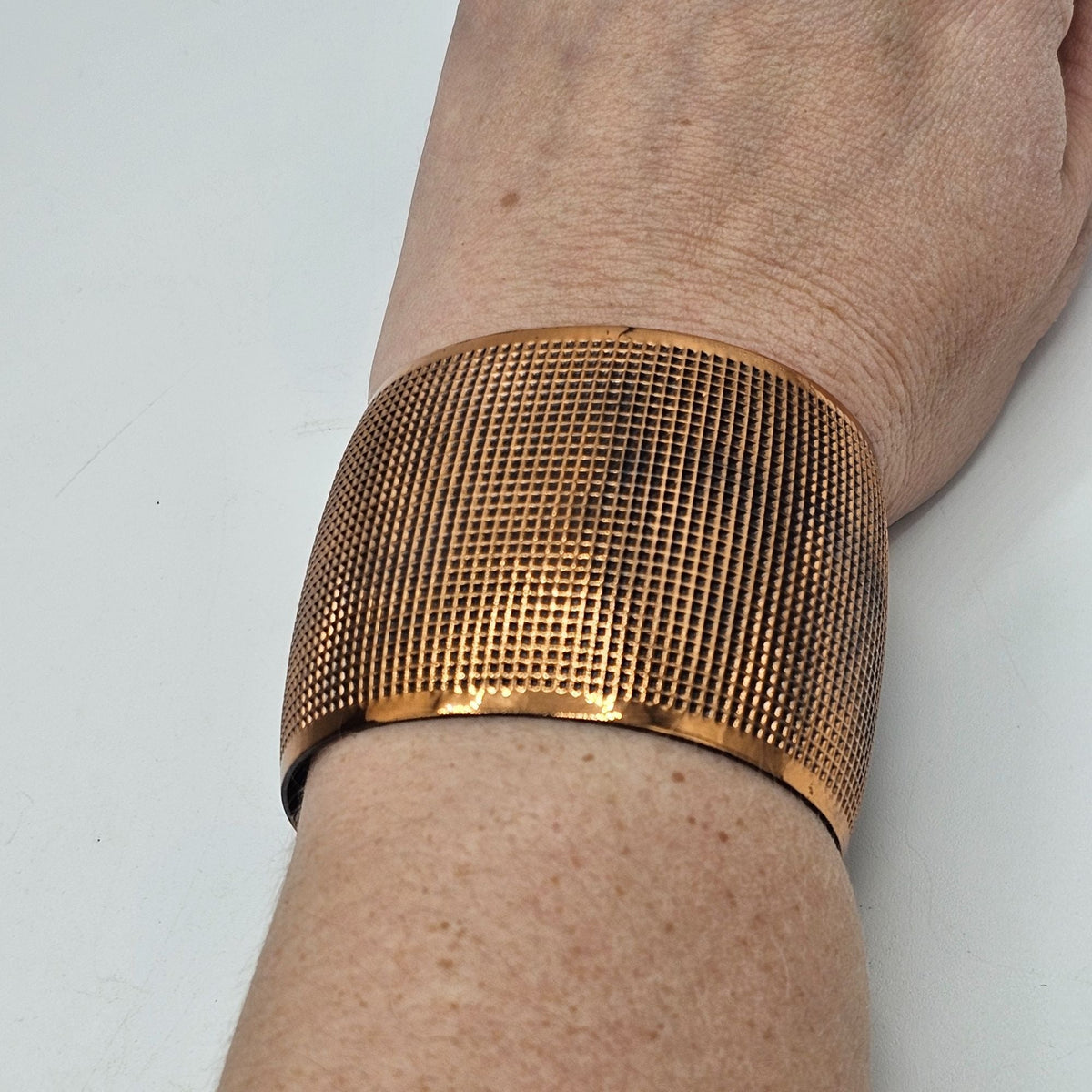 Textured Grid Solid Copper Wide Open Cuff Chunky Bracelet Adjustable