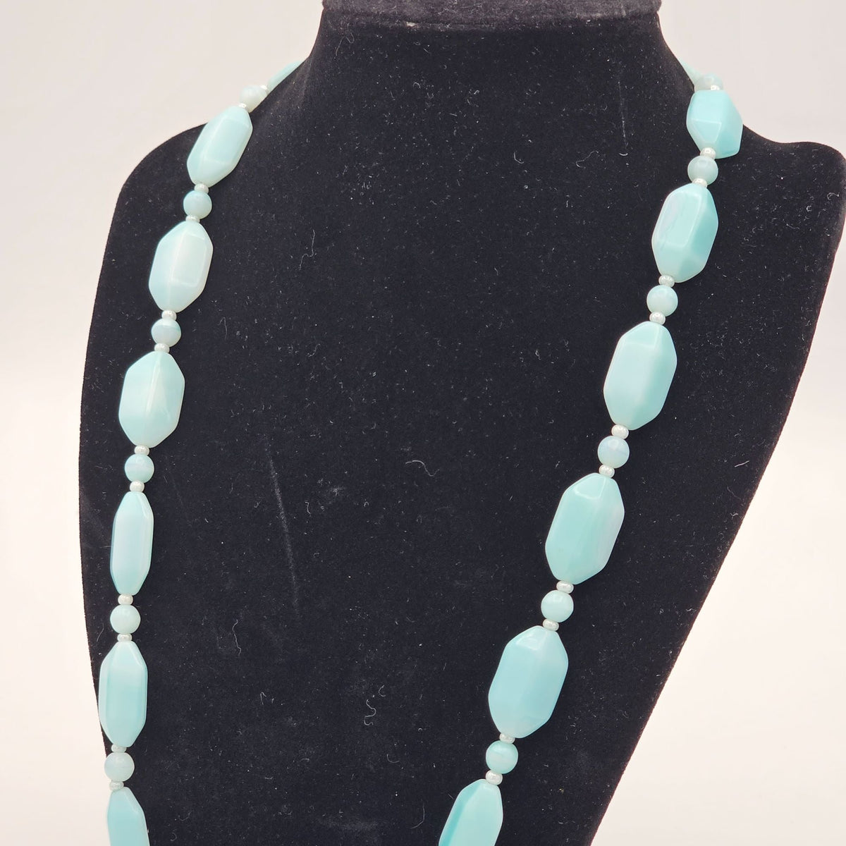 Vintage Uranium Glass Bead Necklace 20" Light Blue Glows UV Reactive Czech