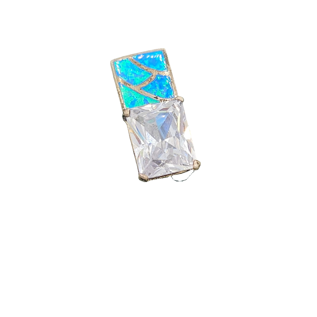 Huge Faceted Rhinestone Blue Opal Inlaid Rectangle 925 Silver Pendant