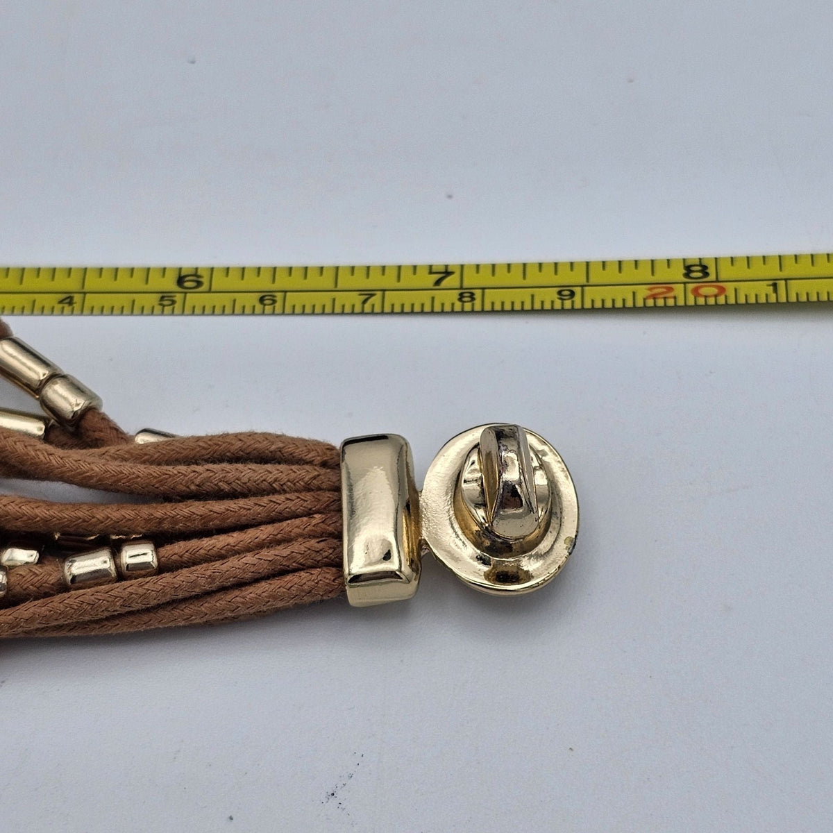 Multi Strand Brown Rope and Gold-tone Metal Beaded Bracelet