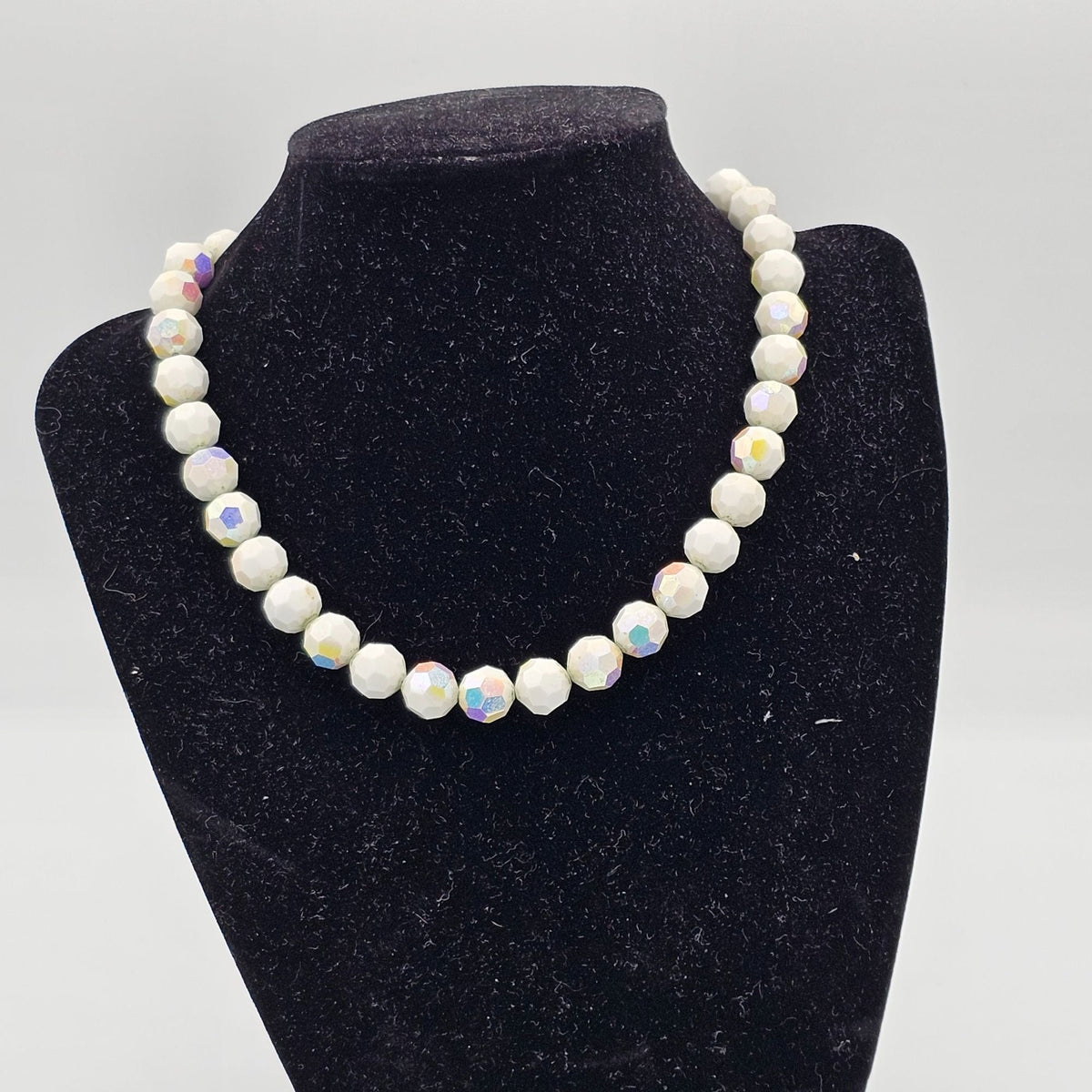 Alice Caviness Vintage White Glass Aurora Borealis Faceted Necklace