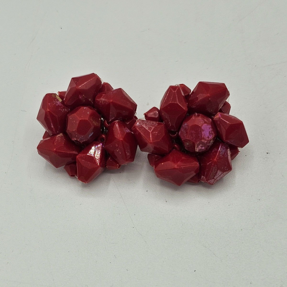 Vintage Old Plastic Red Bead Cluster Clip-On Earrings Germany Retro Jewelry