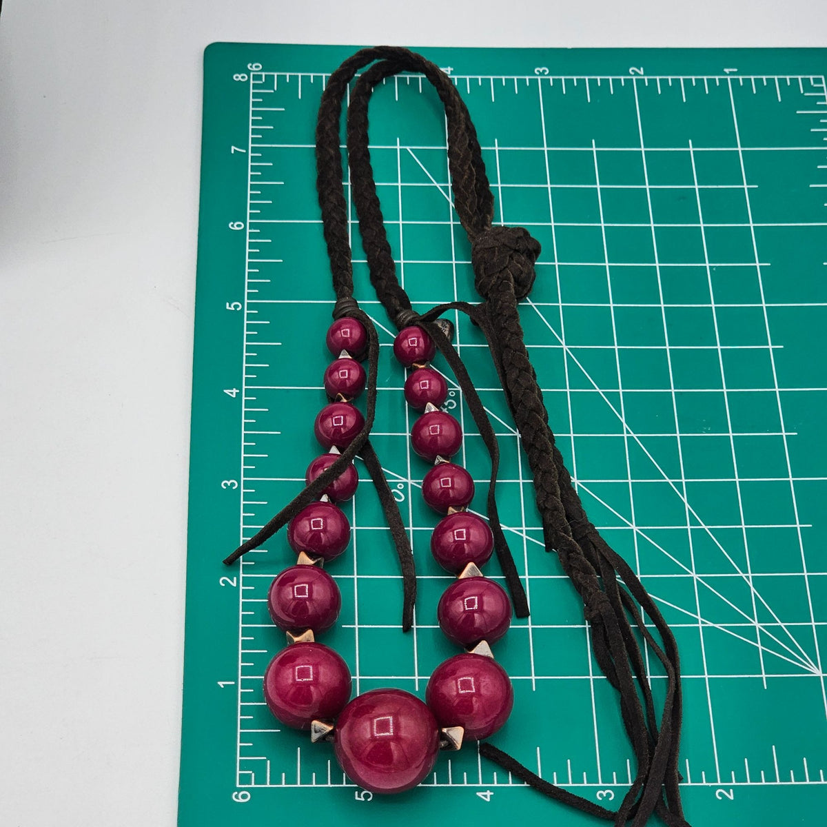 (46) Fossil Braided Brown Cord Necklace Large Pink Beads & Metal Accents
