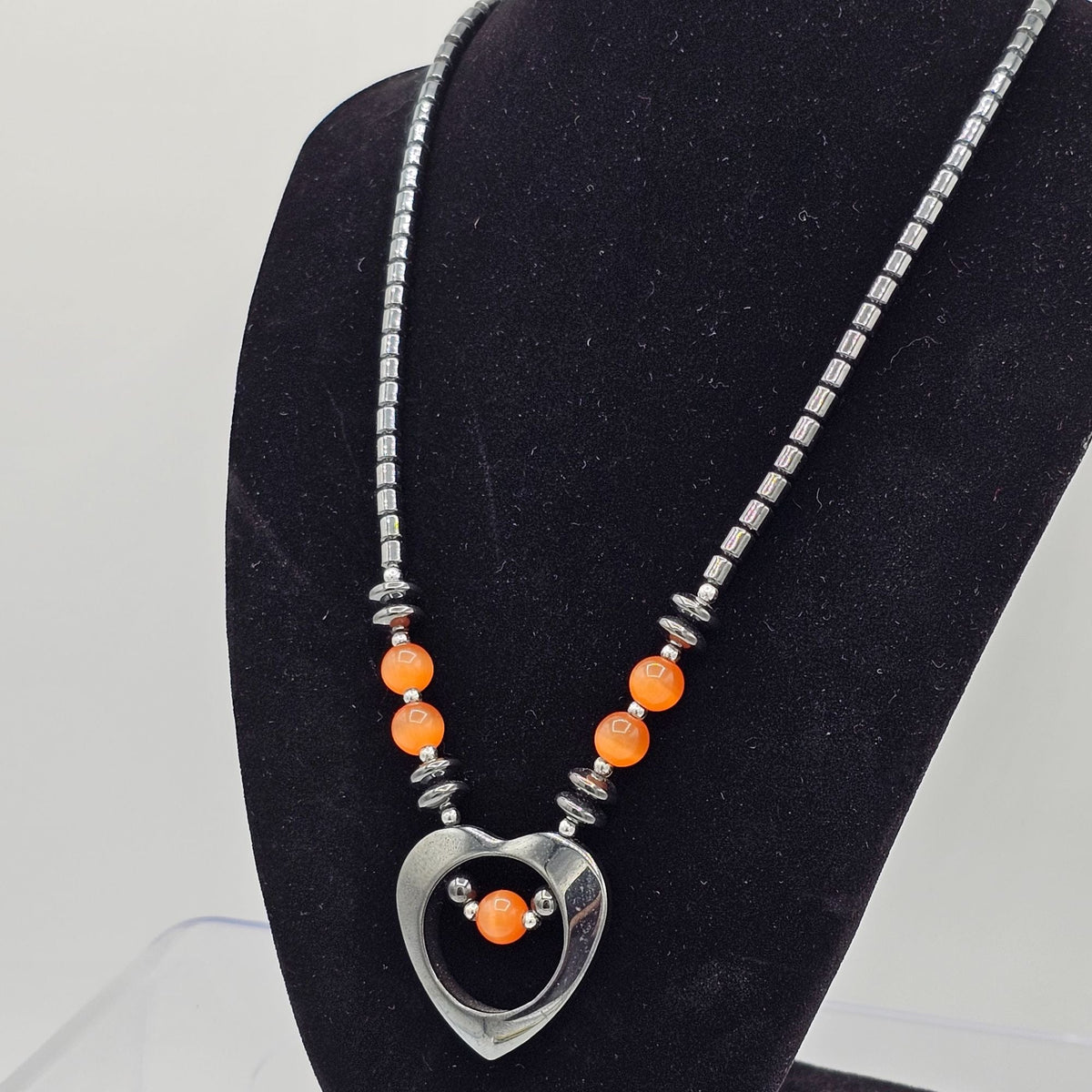 Vintage Hematite Beaded Necklace with Heart Pendant Orange Moonglow Beads