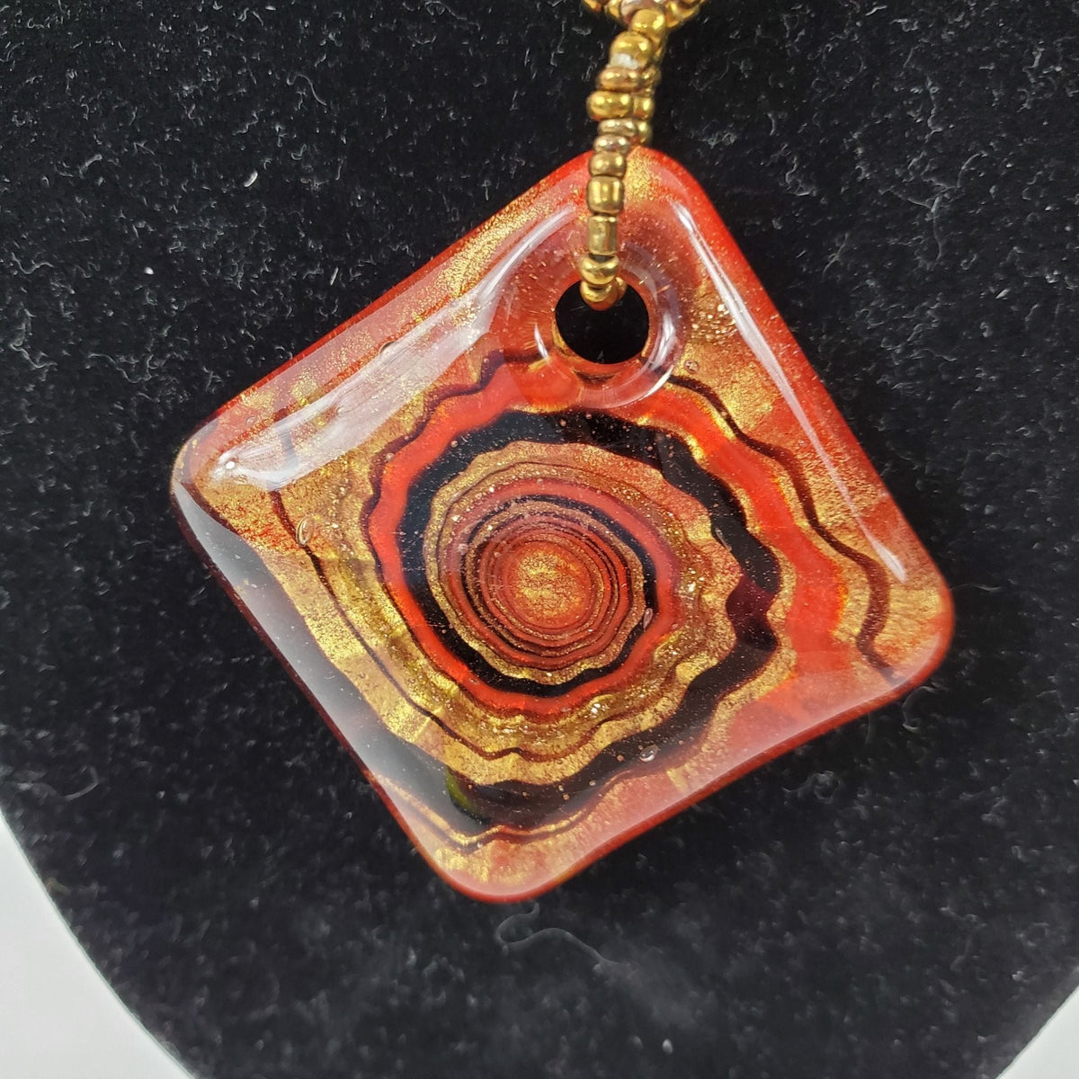 Vintage Blown Glass Red Copper Swirl Art Pendant Copper Beaded Chain