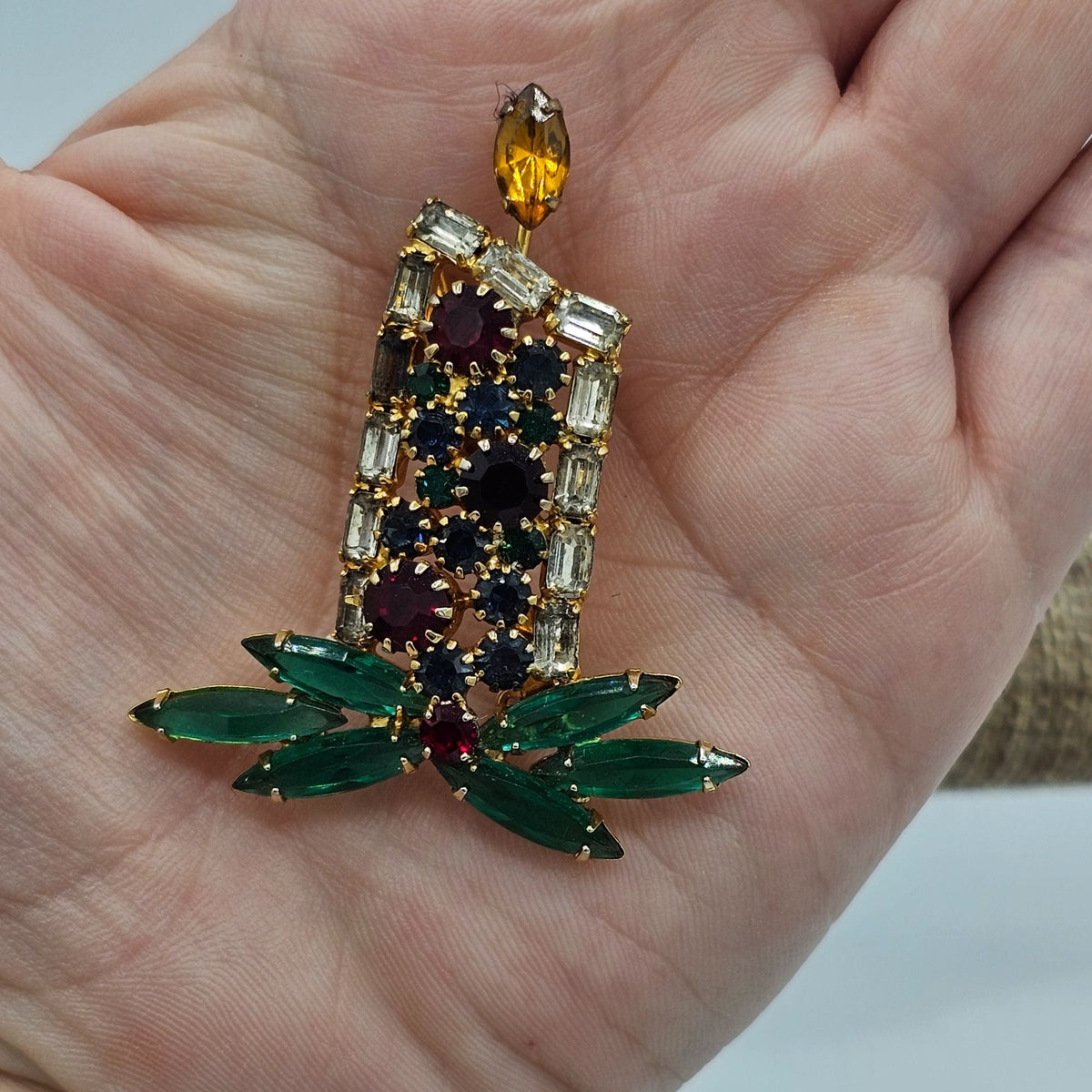 Vintage Prong Set Holiday Lit Flame Candle Holly Rhinestone Brooch Christmas