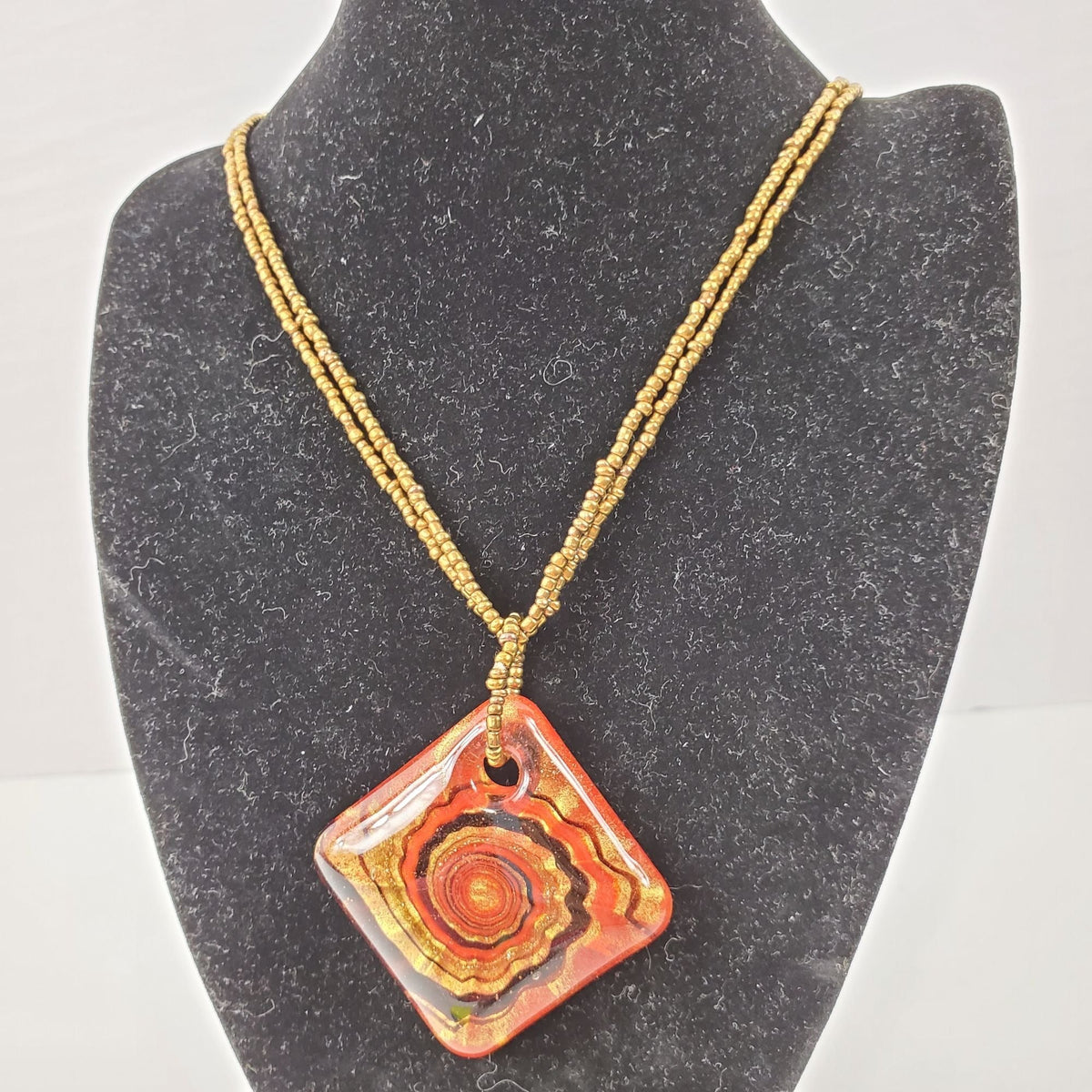 Vintage Blown Glass Red Copper Swirl Art Pendant Copper Beaded Chain