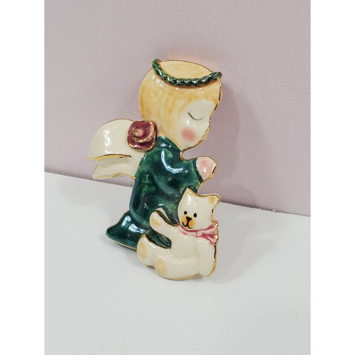 Praying Angel Kitten Handcrafted Porcelain Brooch Vintage